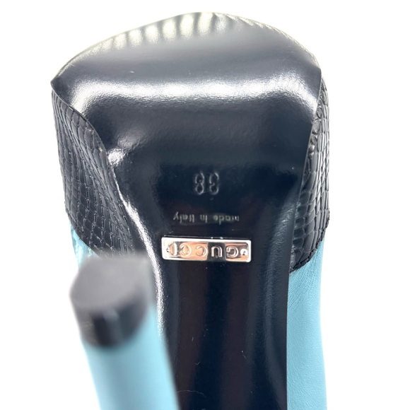 Gucci Harriet Thigh High Snake Emboss Dusty Azure Pointed Toe Heeled Boots 38 - Picture 10 of 11